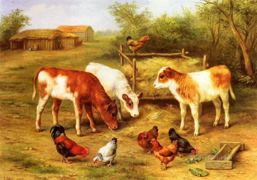 Füttern Kälber und Hühner in einem Bauernhof Bauernhof Tiere Edgar Hunt Ölgemälde